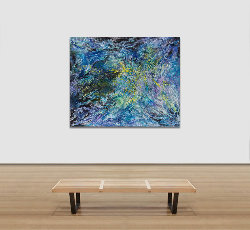 View in a Room of an abstract painting with reference to nature. Mainly blue, purple, and yellow colors. Title: Glacies Flammae (Ice Flames)